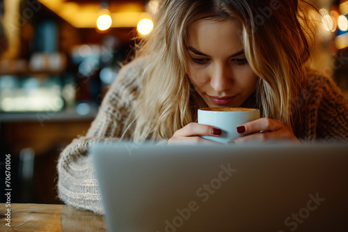 Cozy Coffee Shop Freelancer: Close-Up of Remote Worker Engrossed in Laptop Work with a Cup of Enjoyable Coffee