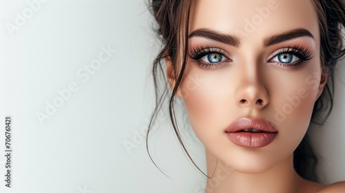 Elegant and sophisticated makeup highlighting the contours and features of a beautiful face on a white backdrop photo