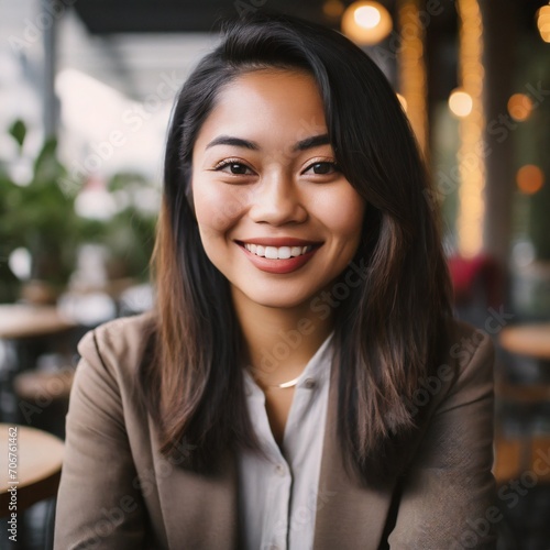 Beautiful smiling asian american woman sitting at a cafe Free Download Beautiful smiling asian american woman sitting at a cafe - GFXLoad