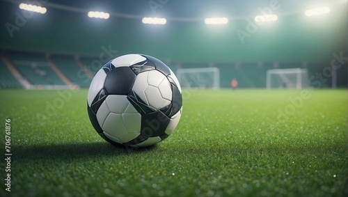 Soccer Ball Standing in the Middle of the Football Field, Green Grass Field, Ambience with Fog and Bokeh Effect © varol