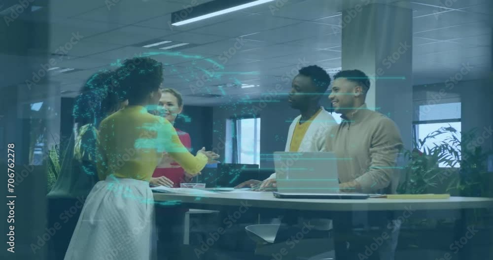 Animation of padlock and data processing over diverse business people in office Animation of padlock and data processing over diverse business people in office