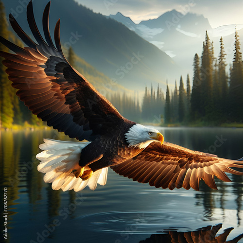 Majestic Bald Eagle Descent from the Sky Soaring in Flight Aiming Fishing Flying Swoops Down Talons Extended Over Water Preys on Looking for & Catches Snatches a Large Fish from Lake or Sea Precision