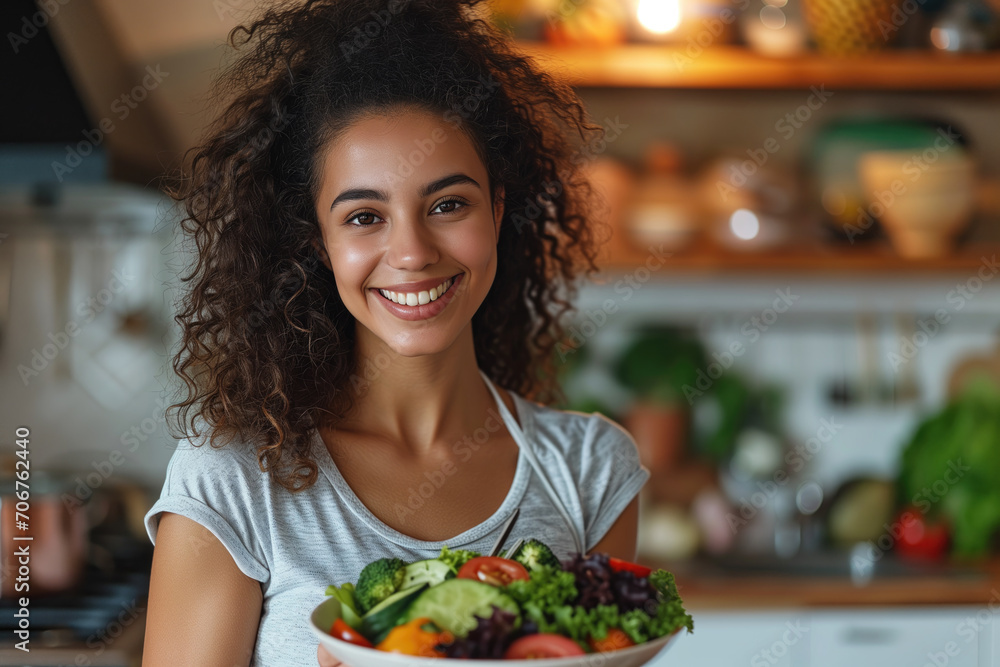 Smiling Woman Enjoying Healthy Meal with Fresh Fruits and Vegetables at kitchen