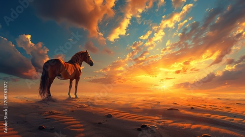 A brown horse standing on top of a sandy beach under a cloudy blue and orange sky with a sunset. Ai generative © Jennifer