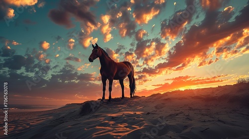 A brown horse standing on top of a sandy beach under a cloudy blue and orange sky with a sunset. Ai generative photo