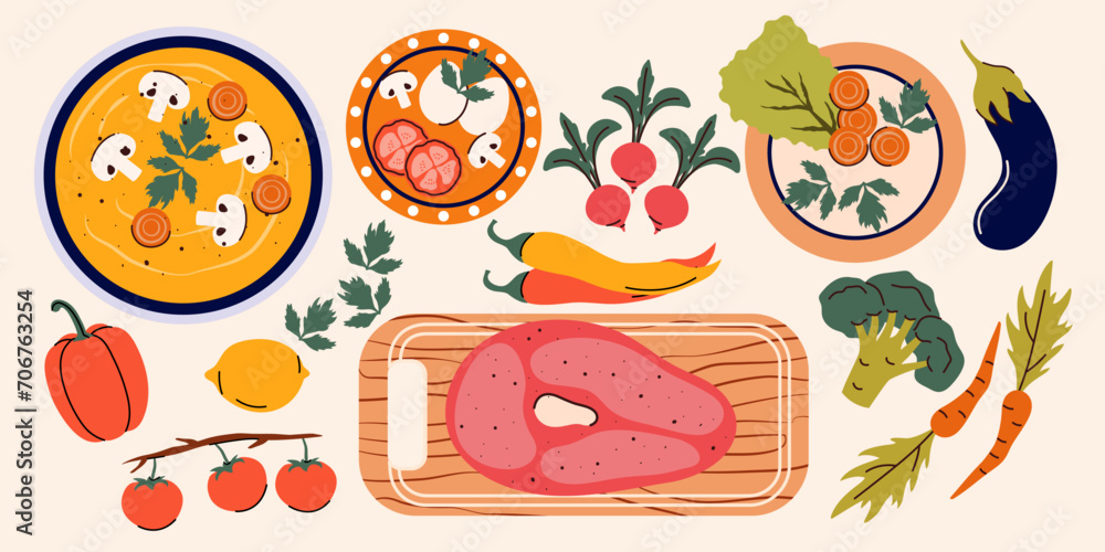 Top view of the cooking process. Plates and dish on the table. Kitchen. Vector. Isolated. Flat style. Vegetables, fruits, meat, fish, soup. Cooking process concept. Cooking master class. Chef. Top view of the cooking process. Plates and dish on the table. Kitchen. Vector. Isolated. Flat style. Vegetables, fruits, meat, fish, soup. Cooking process concept. Cooking master class. Chef.