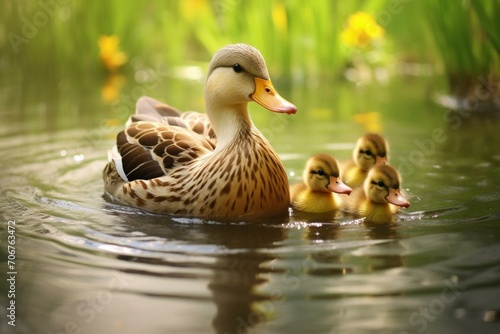 A female duck with her ducklings swimming in a pond. Generative AI photo