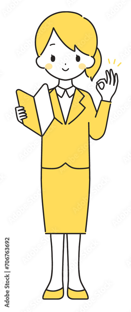 黄色｜初心者マークを持つスーツの女性｜OKサイン