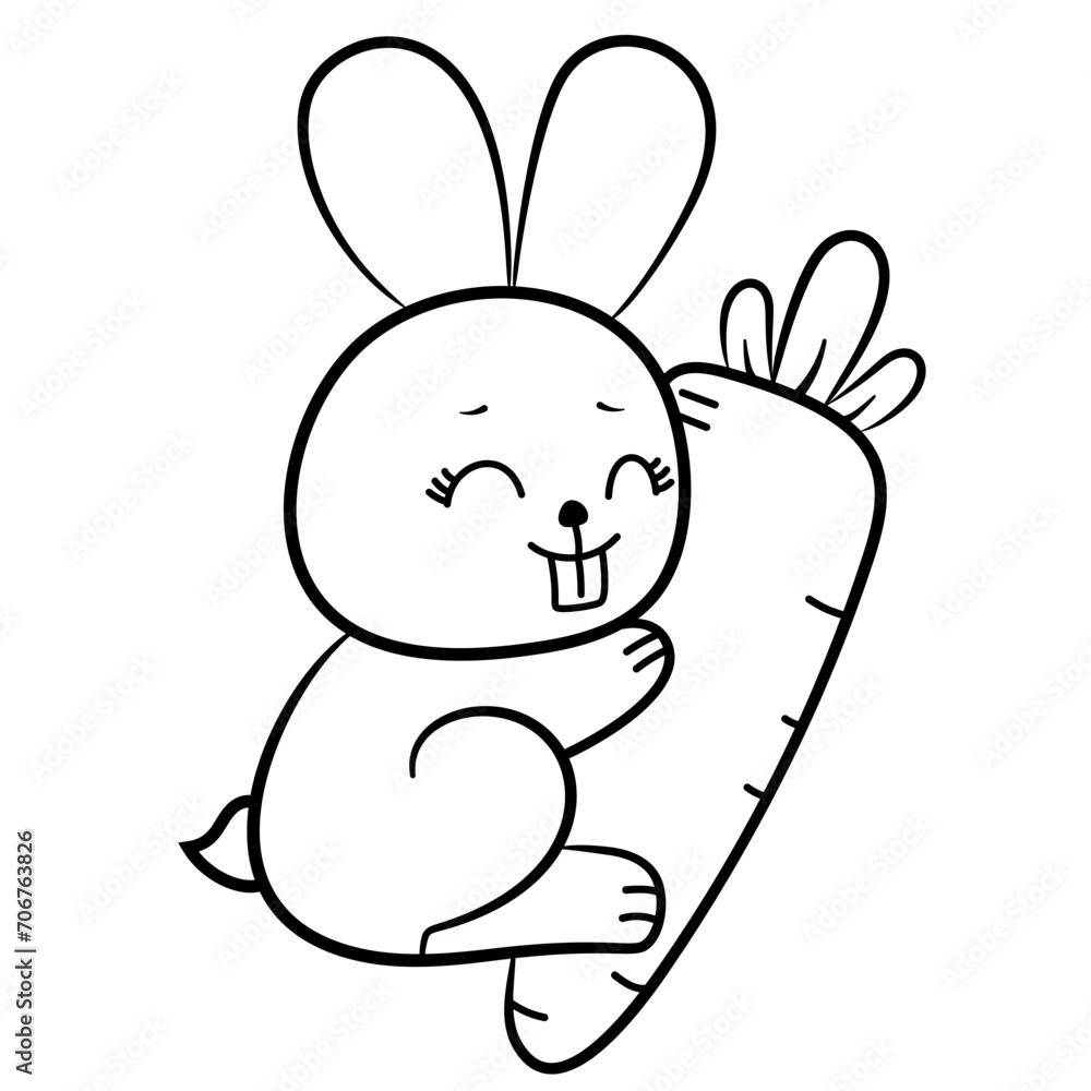 Cute rabbit holding a carrot cartoon line art illustration vector isolated on white background Cute rabbit holding a carrot cartoon line art illustration vector isolated on white background