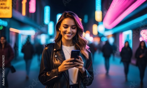 girl smiles at night while looking at her smartphone
