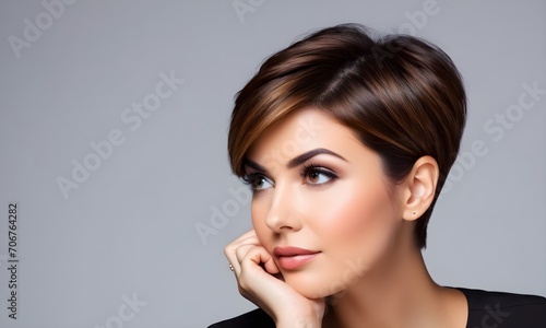 portrait of a beautiful short-haired girl with a hand on her chin