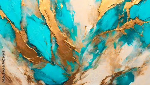 Abstract rough turquoise and gold multicolor artwork, oil brush stroke. Generative ai