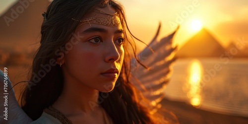 A Girl in the Style Isis Egyptian Goddess of Magic - An Ethereal depiction of Isis with Elegant Wings set against a Backdrop of the Nile and Pyramids at Sunset created with Generative AI Technology