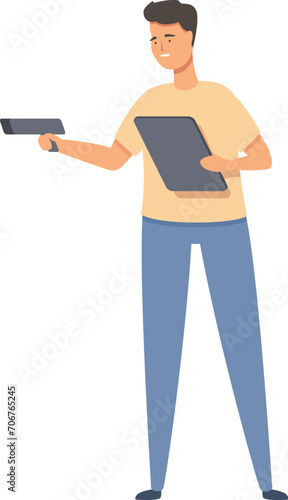 Storekeeper with clipboard icon cartoon vector. Bow work parcel. Service online