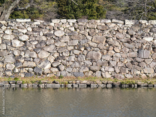 彦根城の石垣と中堀。滋賀県道25号彦根近江八幡線から12月に撮影。
