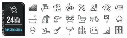 Construction simple minimal thin line icons. Related builder, renovation, engineering, architect. Editable stroke. Vector illustration.