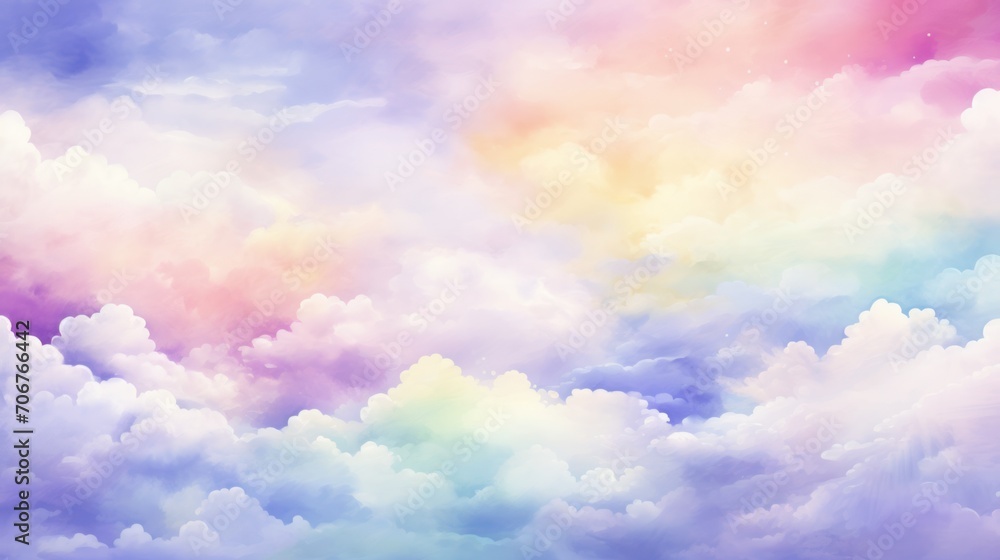 Pastel colored sky with fluffy clouds, dreamy background for design. Tranquility and nature.