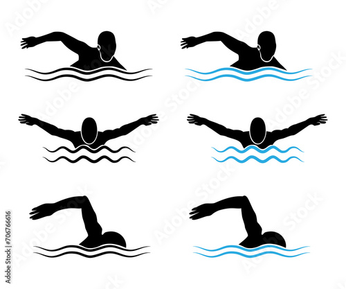 swimming styles icon on white background, man swimming silhouette. Wave designs. Vector illustration