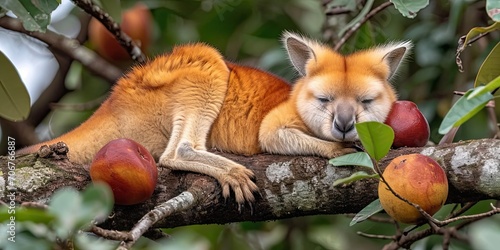 Resting Fox on Tree Branch with Ripe Fruits