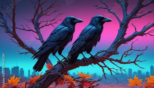 A few crows fell on a withered tree in the autumn. Generative AI