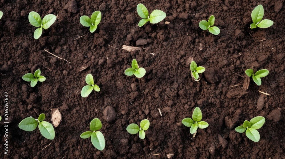 Several small green plants sprout from the soil, showcasing the beauty of natural growth, freshly planted garden bed. Earth day concept. Several small green plants sprout from the soil, showcasing the beauty of natural growth, freshly planted garden bed. Earth day concept.