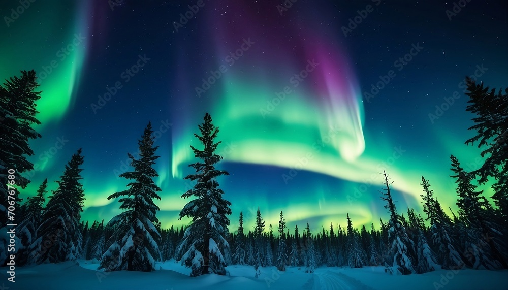 Aurora borealis. Northern lights in winter forest. Sky with polar lights and stars. Night winter landscape with aurora and pine tree forest. Travel concept. Generative AI