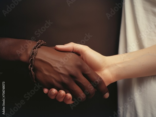 Couples holding hands, love and acceptance. Warm moment of a handshake between two individuals from different ethnic backgrounds, symbolizing peace and friendship. Black and white people. © keystoker