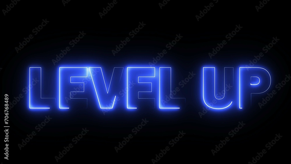 Level Up text font with neon light. Luminous and shimmering haze inside the letters of the text Level Up. Level Up neon sign. Level Up text font with neon light. Luminous and shimmering haze inside the letters of the text Level Up. Level Up neon sign.