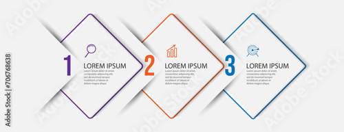 business infographic design with 3 parts or steps, there are icons, text, numbers, colored shapes connected to each other. for your diagram, banner and business workflow