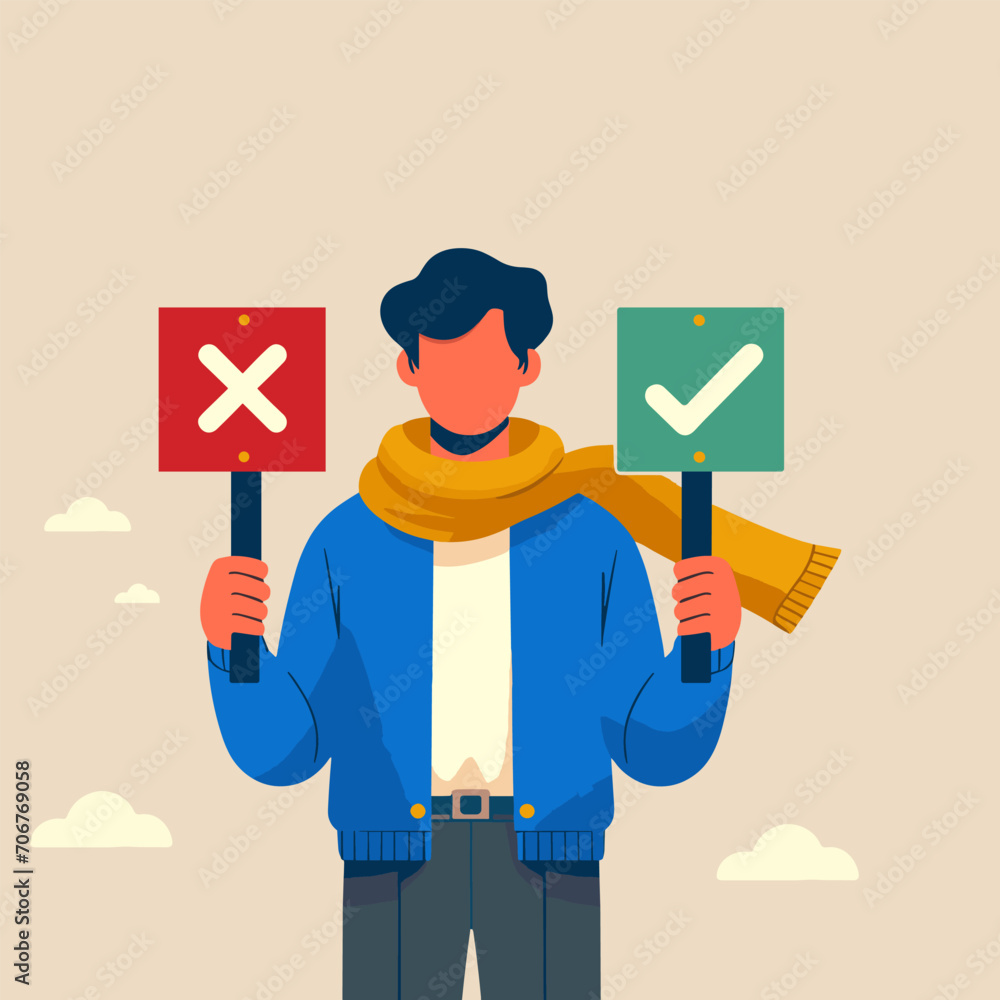 Business decision right or wrong, true or false, correct and incorrect, moral choosing option concept, thoughtful businessman holding right or wrong of left and right hand while making decision
