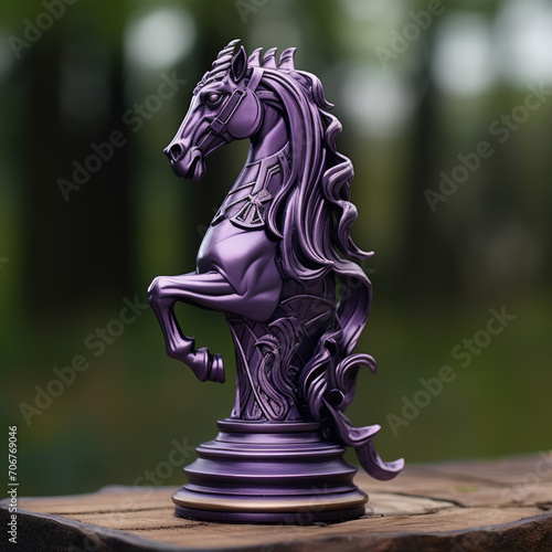 Concept chess knight piece made of purple metal, chess knight portrait, futuristic chess