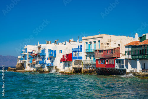 Little Venice part of Mykonos town, on Mykonos island, Greece