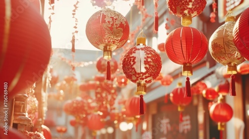 Chinese New Year lanterns decorate festive street scene. Traditional celebration.
