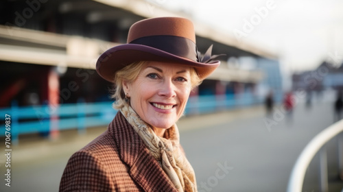Lady wearing fancy hat arrive at Racecourse. © PaulShlykov