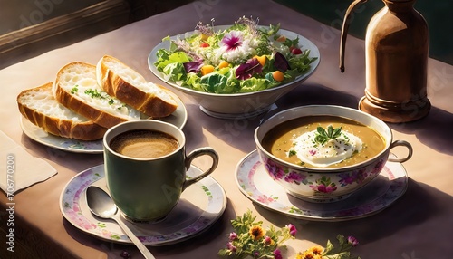 コーヒーとパンとサラダとクリームスープ photo