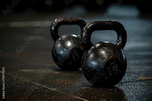 Black cast iron kettlebells on a dark gym floor
