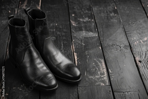 Black leather ankle boots on a dark wooden floor