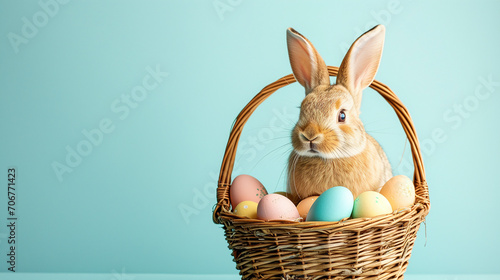 Easter bunny banner background, easter eggs in a basket with the easter rabbit, plain blue background copy space 