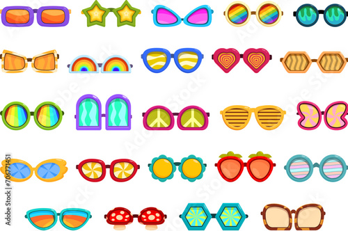 Groovy sunglasses icons set cartoon vector. Star funky. Shape fashion disco