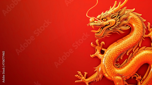 Lunar New Year, Chinese New Year 2024, Year of the Dragon, Golden Dragon zodiac flowers and lantern paper illustration against a plain red background. Copy space © Sophie Congdon