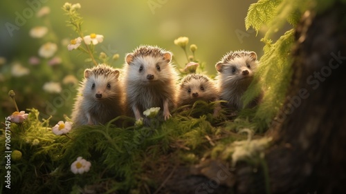 A trio of adorable hedgehogs exploring a carefully curated play area, their quills capturing the light -Generative Ai
