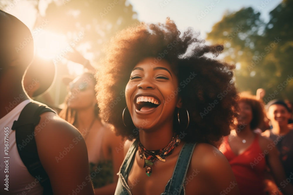Afro american girl enjoying a music festival with friends - obrazy, fototapety, plakaty 