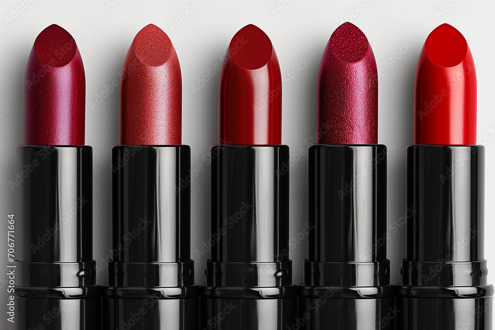 Obraz premium Range of red lipstick shades, composition, flat lay. Minimal concept of makeup trends of red lips
