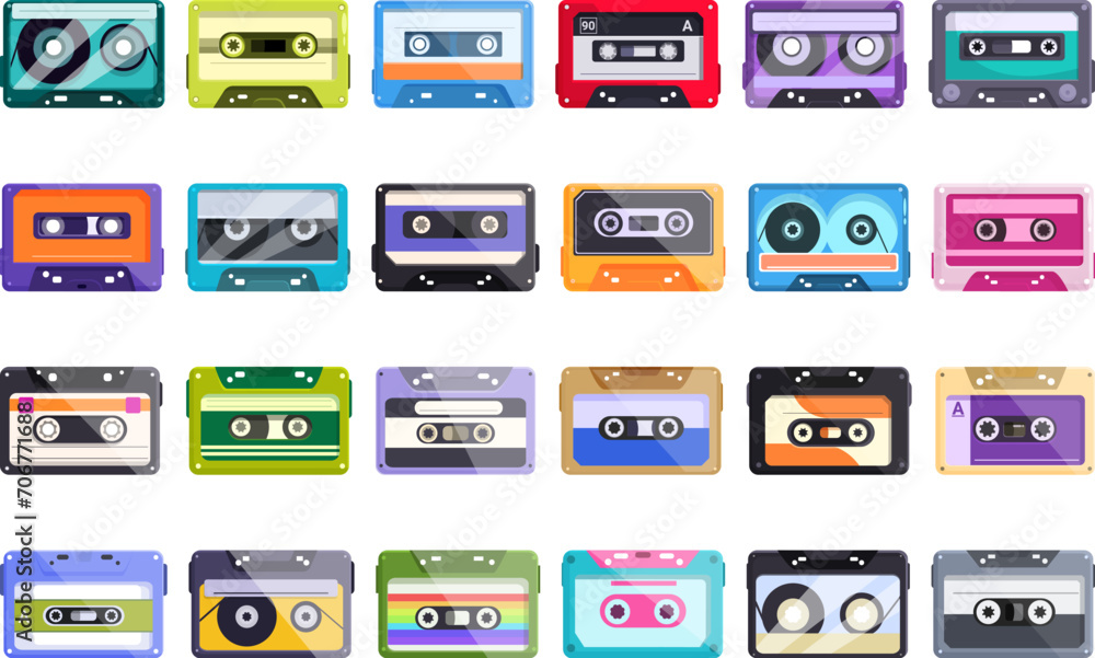 Stereo cassettes icons set cartoon vector. Mixtape music song. Dance disco