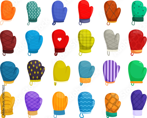 Fireproof kitchen mittens icons set cartoon vector. Oven glove. Pot hot baking