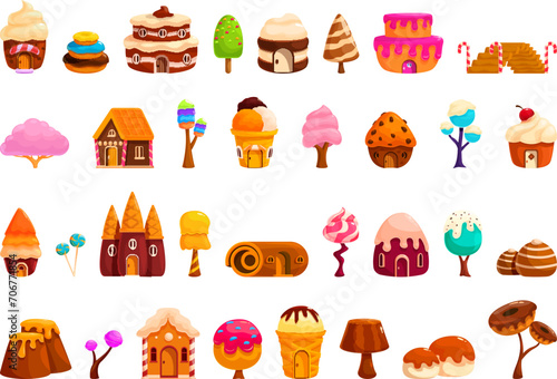 Candy land icons set cartoon vector. Sweet house. Castle jelly tree