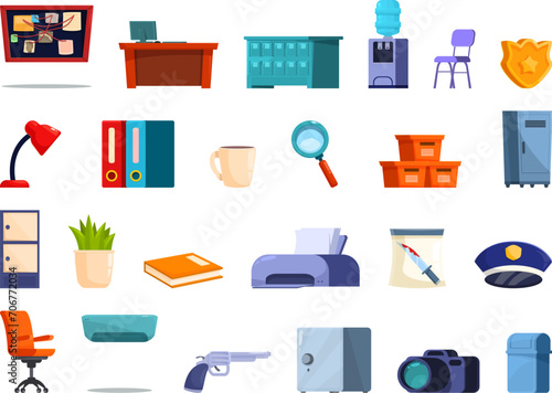 Crime bureau icons set cartoon vector. Detective room. Interior furniture