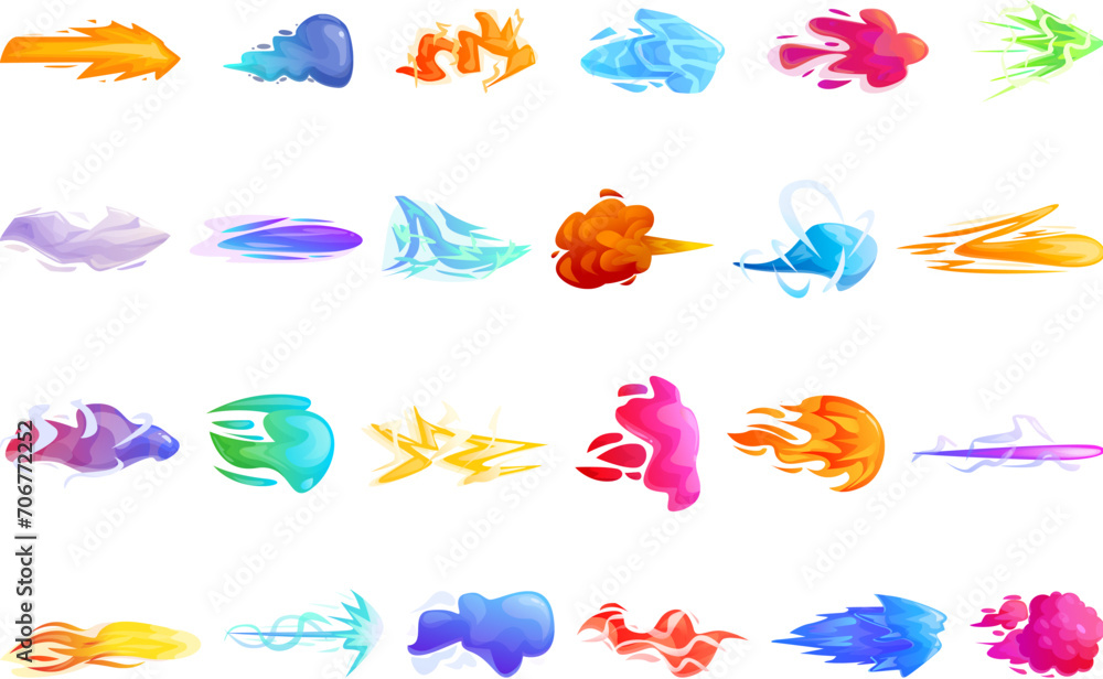 Magic power strike effect icons set cartoon vector. Ice piece. Cloud laundry