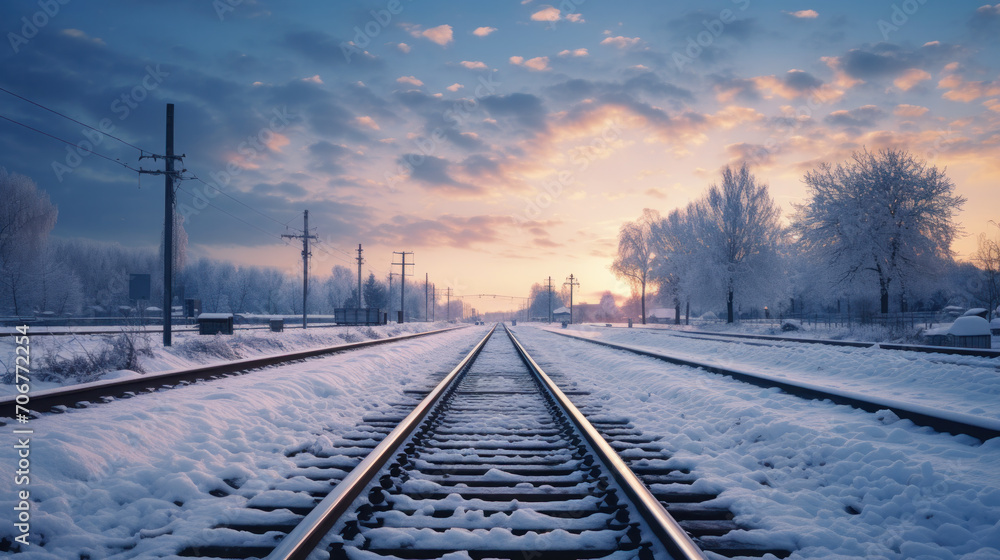 Fototapeta premium Winter railway, winter landscape with empty railway