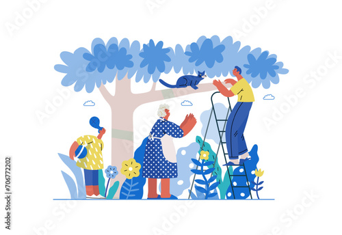 Mutual Support: Rescue cat from tree -modern flat vector concept illustration of elderly woman and man on a ladder under the tree Metaphor of voluntary, collaborative exchanges of resource, services